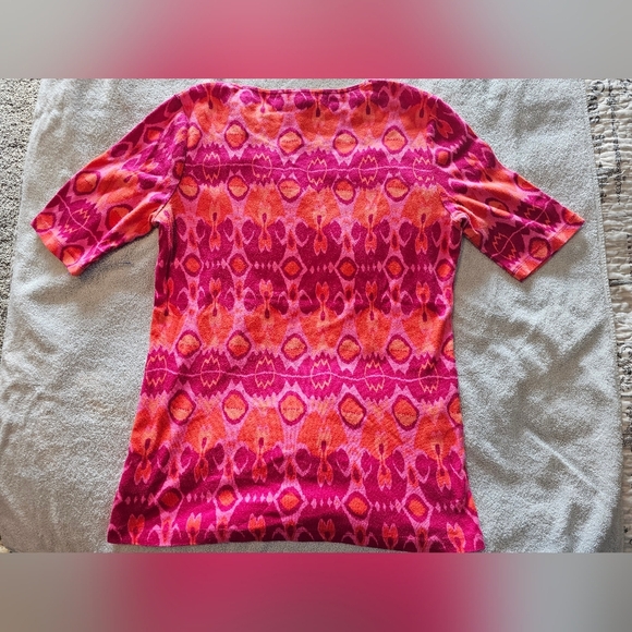 Jones New York Signature Ikat Print Tunic Top Medium Pink Orange Lace Neck - Picture 10 of 10